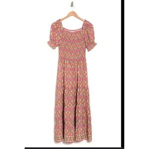 MAX STUDIO Pink Floral Smocked Square Neck Maxi Dress‎ Puffy Sleeves XL $138